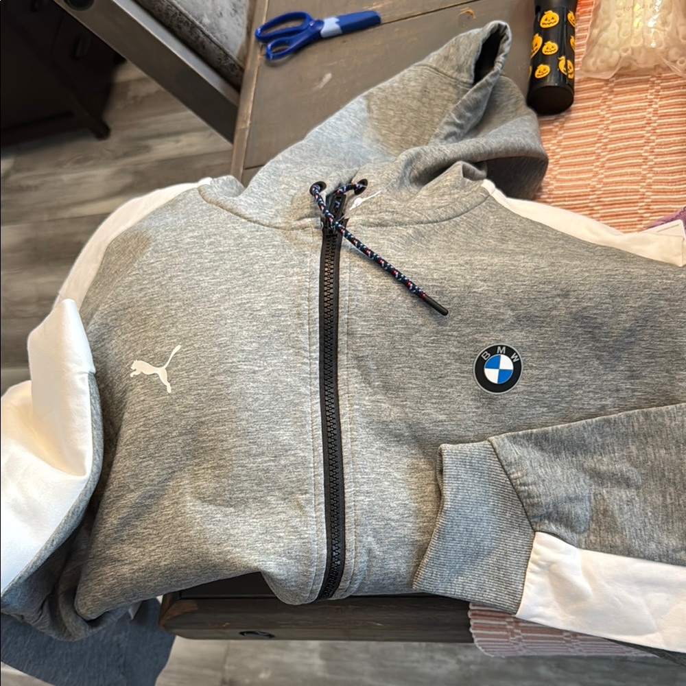 Puma Gray and White Athletic Jacket with BMW Branding